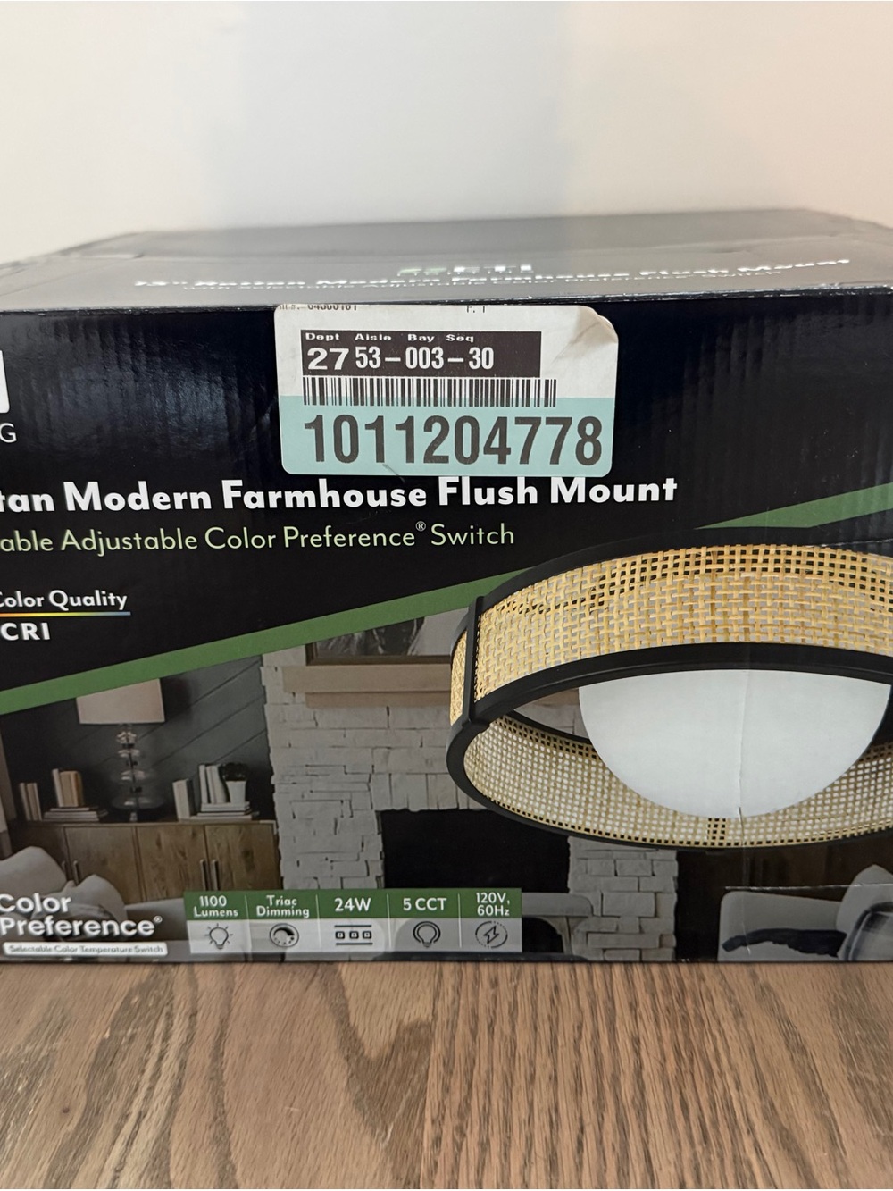 Rattan Modern Farmhouse Flush Mount Ceiling Light - Black and Natural Brand New